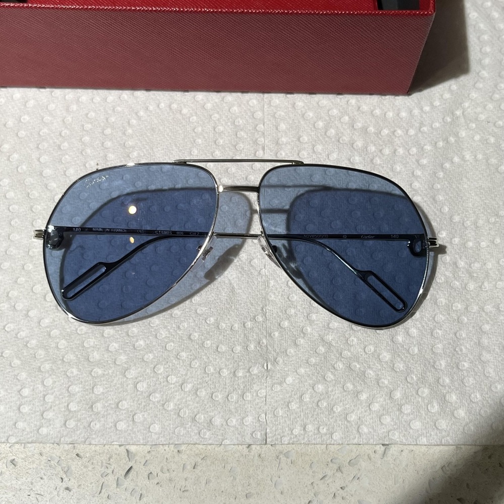 Cartier Sunglasses Mens Silver Blue Aviator Metal CT0110S 006 Made In France